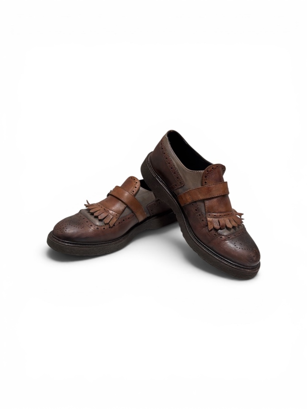 Vintage Italian Leather Kiltie Fringe Loafers Monk Strap Brogue Shoes EU 40 Brow